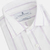 View 2 of product Track Striped Pink on White Tailored Fit Shirt in Cotton by Turnbull & Asser UK, featuring thin vertical pink stripes on white cotton, a classic collar, slim tailored fit, and buttoned cuffs, displayed on a plain white background.