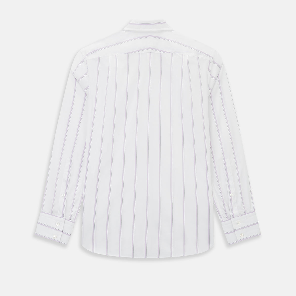 View 3 of product Track Striped Pink on White Tailored Fit Shirt in Cotton by Turnbull & Asser UK, featuring thin vertical pink stripes on white cotton, a classic collar, slim tailored fit, and buttoned cuffs, displayed on a plain white background.