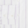 View 4 of product Track Striped Pink on White Tailored Fit Shirt in Cotton by Turnbull & Asser UK, featuring thin vertical pink stripes on white cotton, a classic collar, slim tailored fit, and buttoned cuffs, displayed on a plain white background.