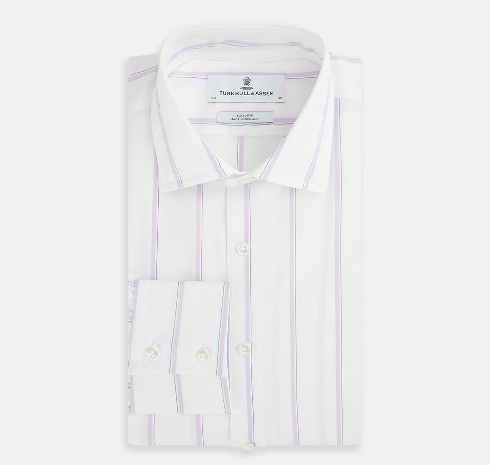 Track Striped Pink on White Tailored Fit Shirt in Cotton by Turnbull & Asser UK, featuring thin vertical pink stripes on white cotton, a classic collar, slim tailored fit, and buttoned cuffs, displayed on a plain white background.