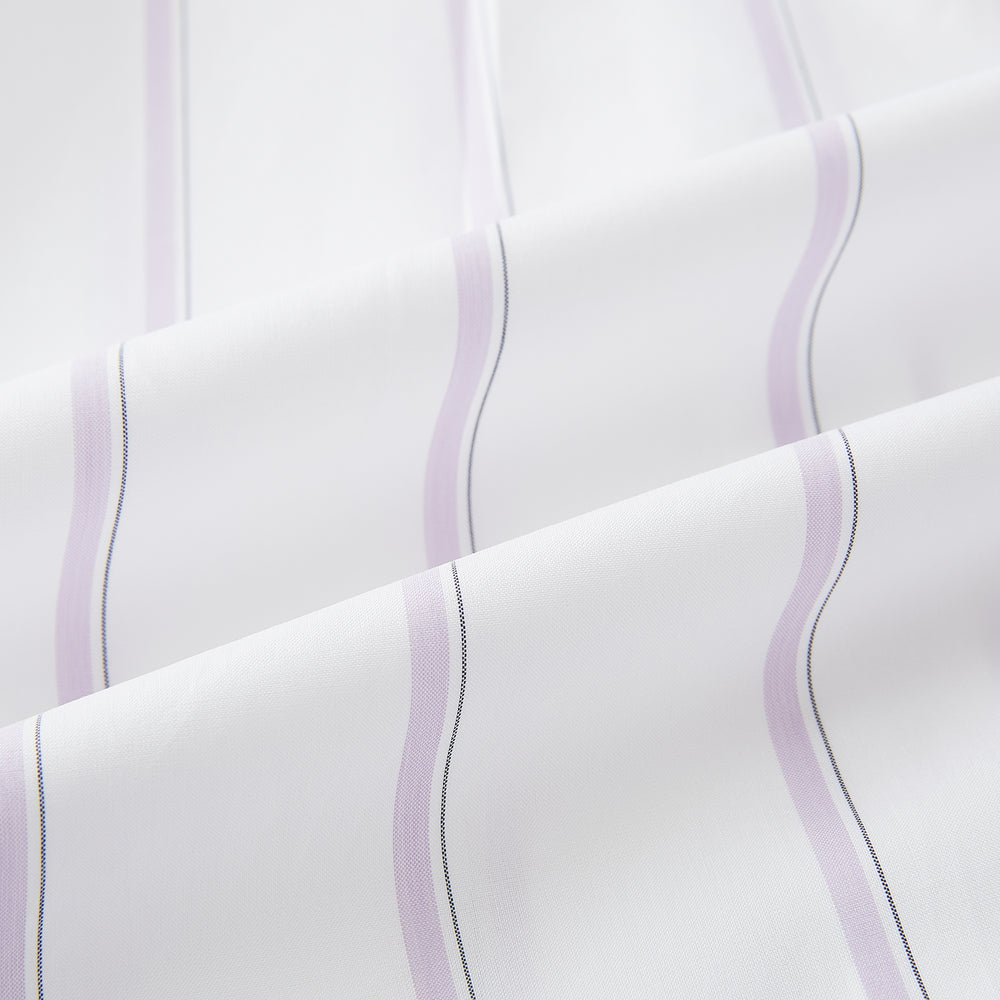Track Striped Pink on White Tailored Fit Shirt in Cotton by Turnbull & Asser UK, featuring thin vertical pink stripes on white cotton, a classic collar, slim tailored fit, and buttoned cuffs, displayed on a plain white background.