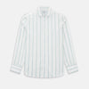 View 1 of product Track Striped Sage on White Tailored Fit Shirt in Cotton by Turnbull & Asser UK, featuring light blue vertical stripes, a classic collar, and cuffed long sleeves, displayed laid flat against a plain white background.