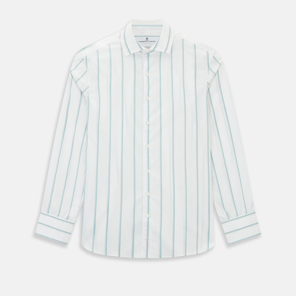 Track Striped Sage on White Tailored Fit Shirt in Cotton by Turnbull & Asser UK, featuring light blue vertical stripes, a classic collar, and cuffed long sleeves, displayed laid flat against a plain white background.