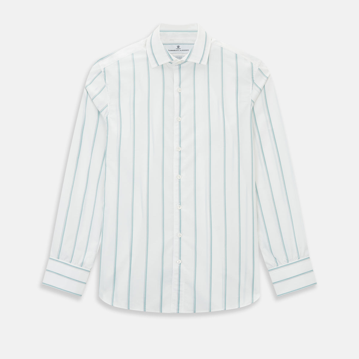 View 1 of product Track Striped Sage on White Tailored Fit Shirt in Cotton by Turnbull & Asser UK, featuring light blue vertical stripes, a classic collar, and cuffed long sleeves, displayed laid flat against a plain white background.