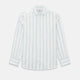 Track Striped Sage on White Tailored Fit Shirt in Cotton by Turnbull & Asser UK, featuring light blue vertical stripes, a classic collar, and cuffed long sleeves, displayed laid flat against a plain white background.