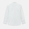 View 3 of product Track Striped Sage on White Tailored Fit Shirt in Cotton by Turnbull & Asser UK, featuring light blue vertical stripes, a classic collar, and cuffed long sleeves, displayed laid flat against a plain white background.