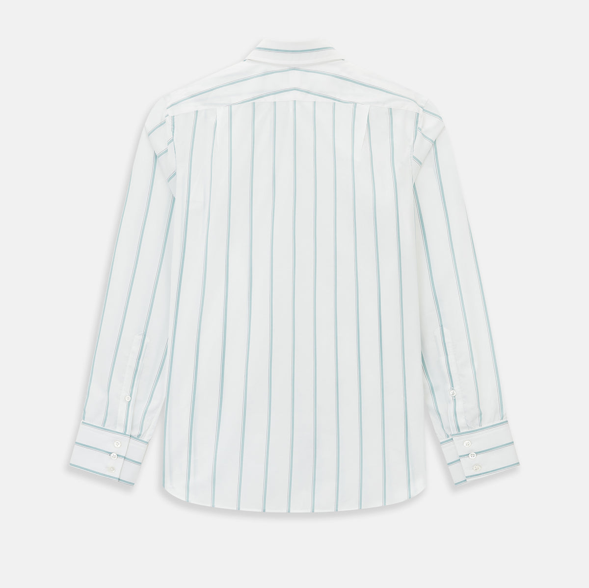 View 3 of product Track Striped Sage on White Tailored Fit Shirt in Cotton by Turnbull & Asser UK, featuring light blue vertical stripes, a classic collar, and cuffed long sleeves, displayed laid flat against a plain white background.