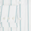 View 4 of product Track Striped Sage on White Tailored Fit Shirt in Cotton by Turnbull & Asser UK, featuring light blue vertical stripes, a classic collar, and cuffed long sleeves, displayed laid flat against a plain white background.