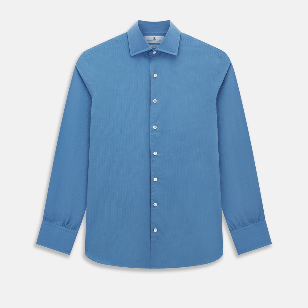 The Turnbull & Asser UK SHIRTS NEW TF KENT CLR 3BC COLONY BLUE/NAVY STRIPE is a long-sleeve button-up dress shirt featuring a pointed Kent collar, white buttons, and buttoned cuffs, shown against a plain white background.