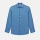 The Turnbull & Asser UK SHIRTS NEW TF KENT CLR 3BC COLONY BLUE/NAVY STRIPE is a long-sleeve button-up dress shirt featuring a pointed Kent collar, white buttons, and buttoned cuffs, shown against a plain white background.
