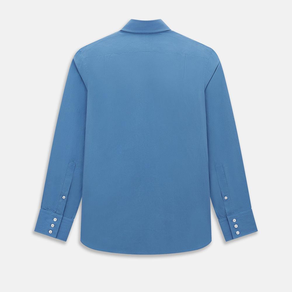 The Turnbull & Asser UK SHIRTS NEW TF KENT CLR 3BC COLONY BLUE/NAVY STRIPE is a long-sleeve button-up dress shirt featuring a pointed Kent collar, white buttons, and buttoned cuffs, shown against a plain white background.