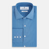 View 5 of product The Turnbull & Asser UK SHIRTS NEW TF KENT CLR 3BC COLONY BLUE/NAVY STRIPE is a long-sleeve button-up dress shirt featuring a pointed Kent collar, white buttons, and buttoned cuffs, shown against a plain white background.