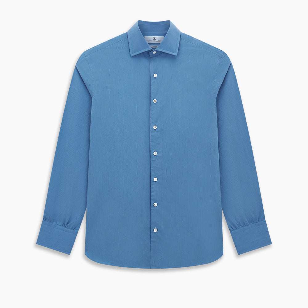 The Turnbull & Asser UK SHIRTS NEW TF KENT CLR 3BC COLONY BLUE/NAVY STRIPE is a long-sleeve button-up dress shirt featuring a pointed Kent collar, white buttons, and buttoned cuffs, shown against a plain white background.