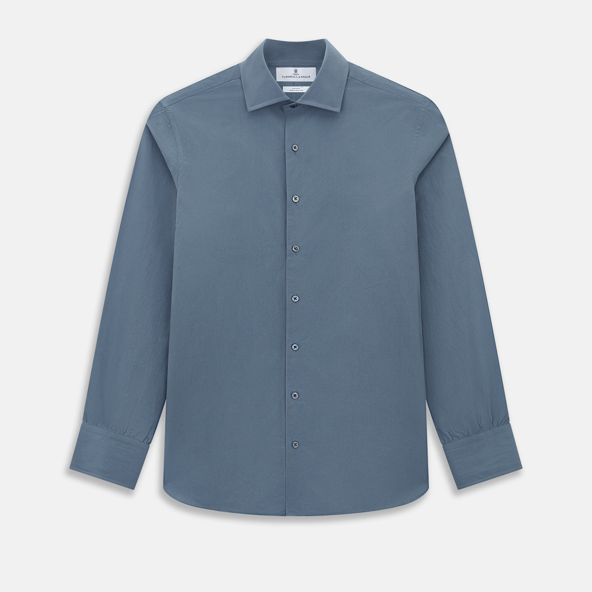 View 1 of product A long-sleeved, button-down Kent collar shirt by Turnbull & Asser UK, featuring a steel gray and navy stripe pattern, displayed on a plain white background.