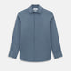 A long-sleeved, button-down Kent collar shirt by Turnbull & Asser UK, featuring a steel gray and navy stripe pattern, displayed on a plain white background.