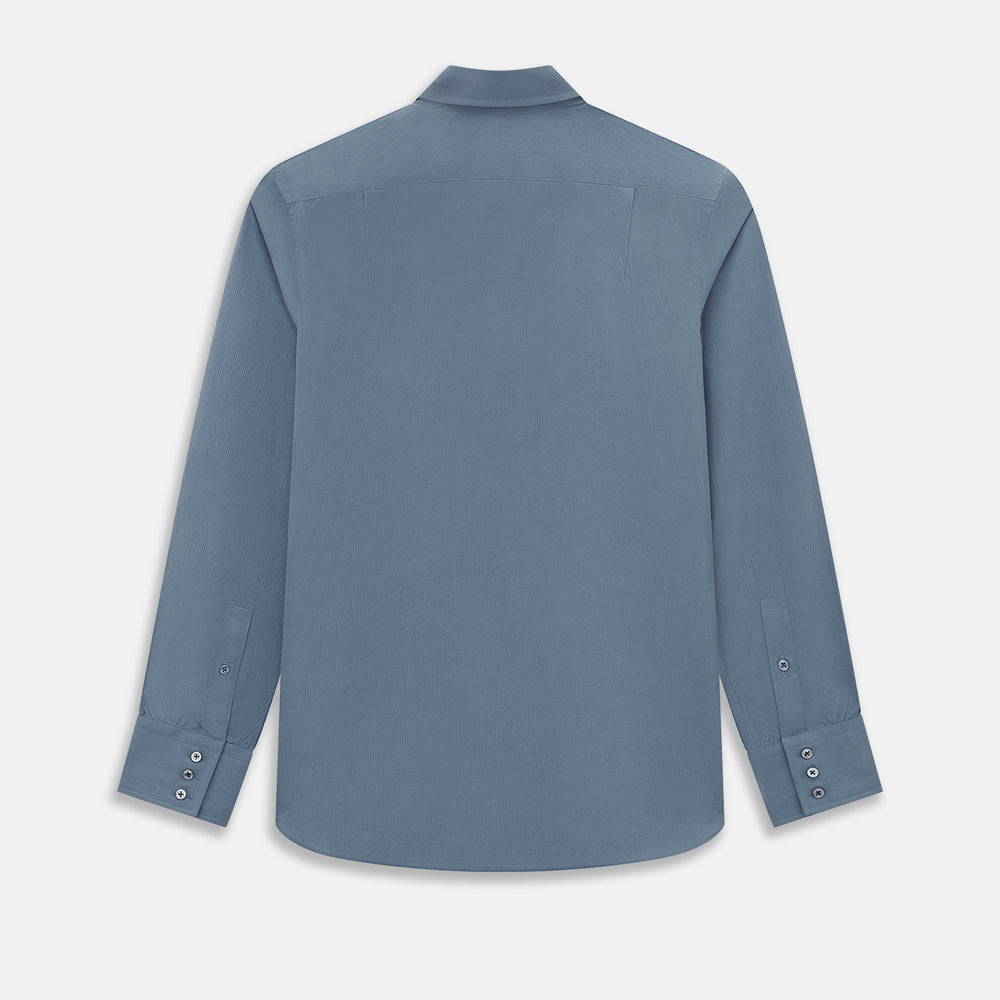 A long-sleeved, button-down Kent collar shirt by Turnbull & Asser UK, featuring a steel gray and navy stripe pattern, displayed on a plain white background.