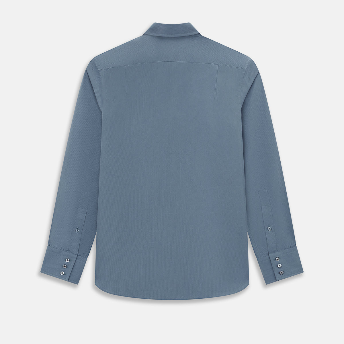 View 3 of product A long-sleeved, button-down Kent collar shirt by Turnbull & Asser UK, featuring a steel gray and navy stripe pattern, displayed on a plain white background.
