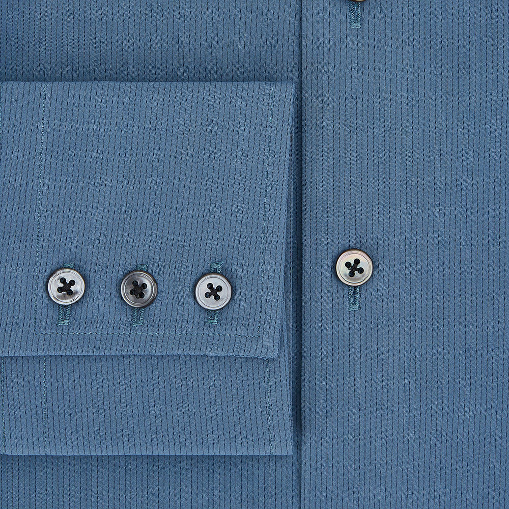A long-sleeved, button-down Kent collar shirt by Turnbull & Asser UK, featuring a steel gray and navy stripe pattern, displayed on a plain white background.