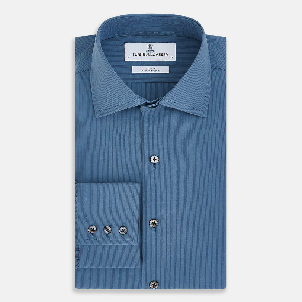 A long-sleeved, button-down Kent collar shirt by Turnbull & Asser UK, featuring a steel gray and navy stripe pattern, displayed on a plain white background.