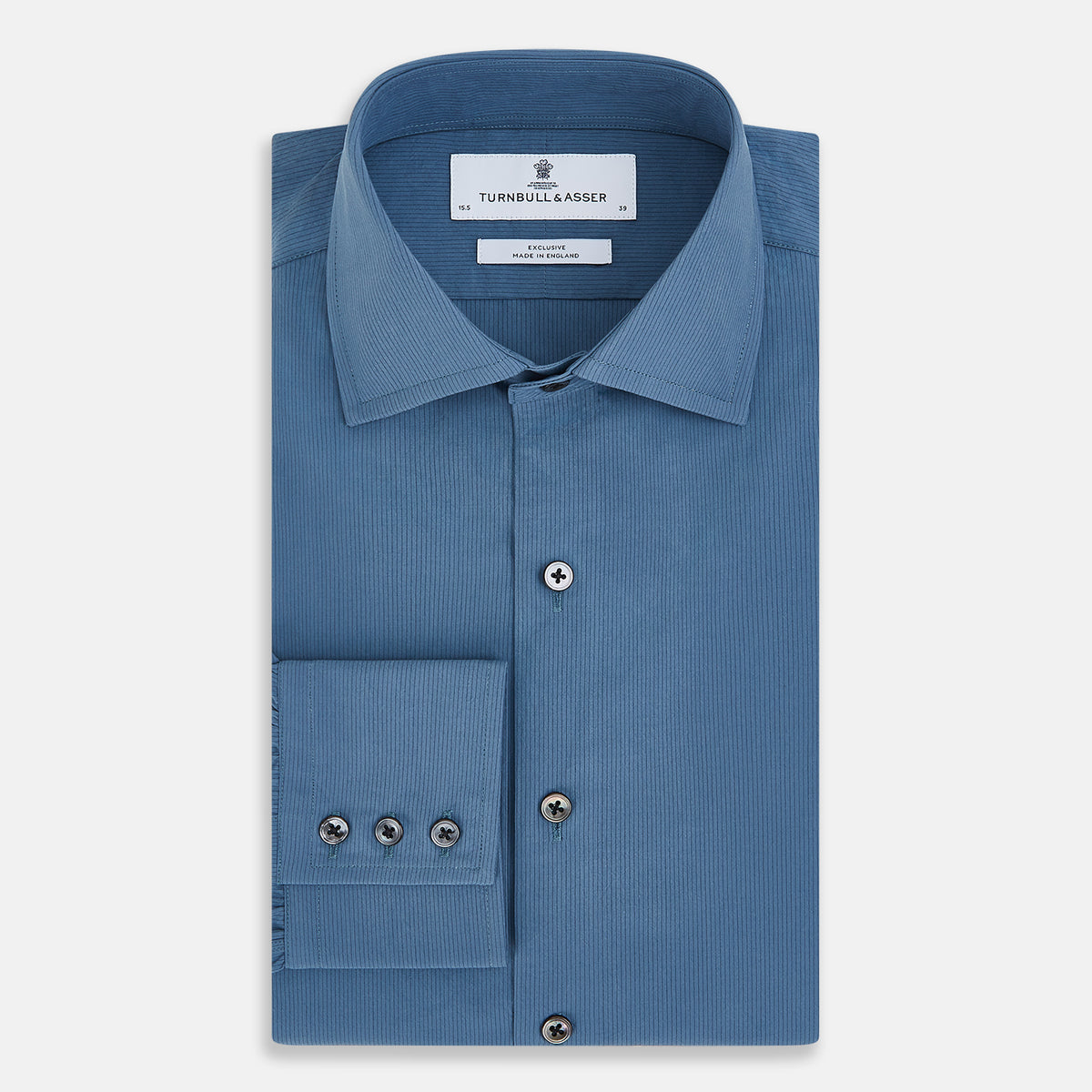 View 5 of product A long-sleeved, button-down Kent collar shirt by Turnbull & Asser UK, featuring a steel gray and navy stripe pattern, displayed on a plain white background.