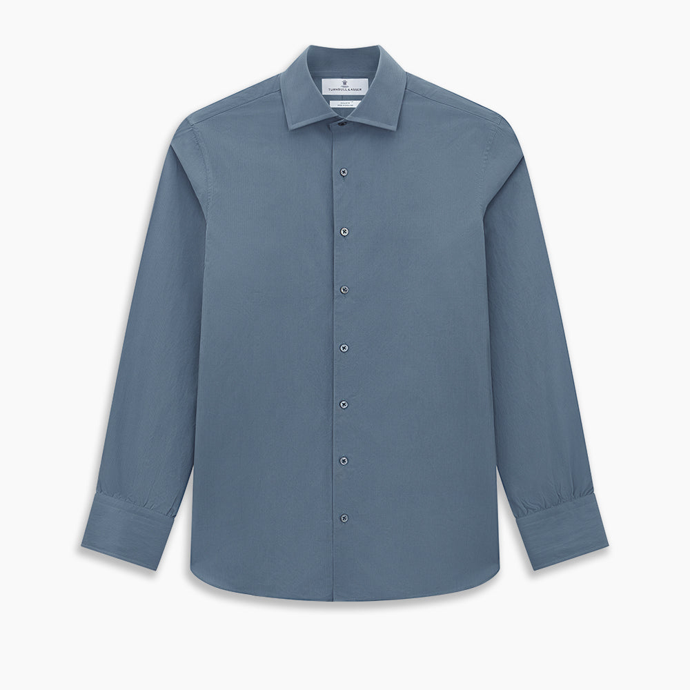 A long-sleeved, button-down Kent collar shirt by Turnbull & Asser UK, featuring a steel gray and navy stripe pattern, displayed on a plain white background.