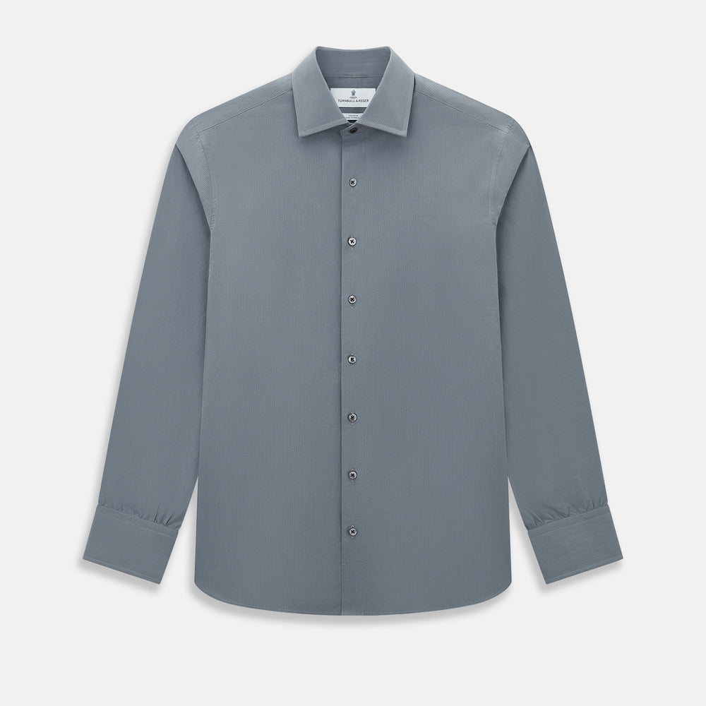 A long-sleeve, button-up men’s dress shirt by Turnbull & Asser UK, the SHIRTS NEW TF KENT CLR 3BC GRAY/NAVY STRIPE, featuring a pointed Kent collar and buttoned cuffs in a gray and navy stripe pattern, displayed against a plain white background.