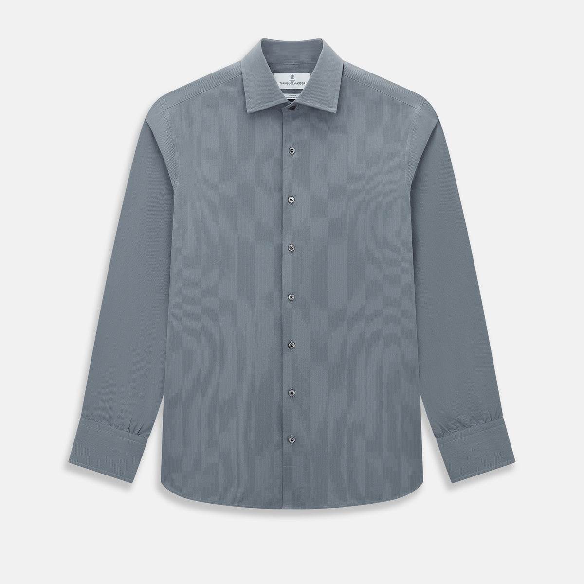 View 1 of product A long-sleeve, button-up men’s dress shirt by Turnbull & Asser UK, the SHIRTS NEW TF KENT CLR 3BC GRAY/NAVY STRIPE, featuring a pointed Kent collar and buttoned cuffs in a gray and navy stripe pattern, displayed against a plain white background.