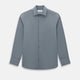 A long-sleeve, button-up men’s dress shirt by Turnbull & Asser UK, the SHIRTS NEW TF KENT CLR 3BC GRAY/NAVY STRIPE, featuring a pointed Kent collar and buttoned cuffs in a gray and navy stripe pattern, displayed against a plain white background.