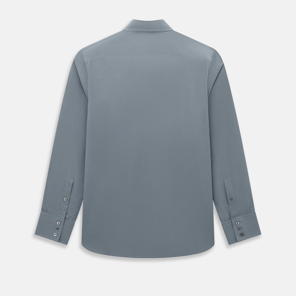 A long-sleeve, button-up men’s dress shirt by Turnbull & Asser UK, the SHIRTS NEW TF KENT CLR 3BC GRAY/NAVY STRIPE, featuring a pointed Kent collar and buttoned cuffs in a gray and navy stripe pattern, displayed against a plain white background.