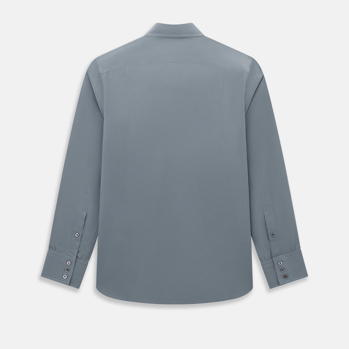 View 3 of product A long-sleeve, button-up men’s dress shirt by Turnbull & Asser UK, the SHIRTS NEW TF KENT CLR 3BC GRAY/NAVY STRIPE, featuring a pointed Kent collar and buttoned cuffs in a gray and navy stripe pattern, displayed against a plain white background.