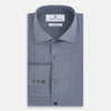 View 5 of product A long-sleeve, button-up men’s dress shirt by Turnbull & Asser UK, the SHIRTS NEW TF KENT CLR 3BC GRAY/NAVY STRIPE, featuring a pointed Kent collar and buttoned cuffs in a gray and navy stripe pattern, displayed against a plain white background.