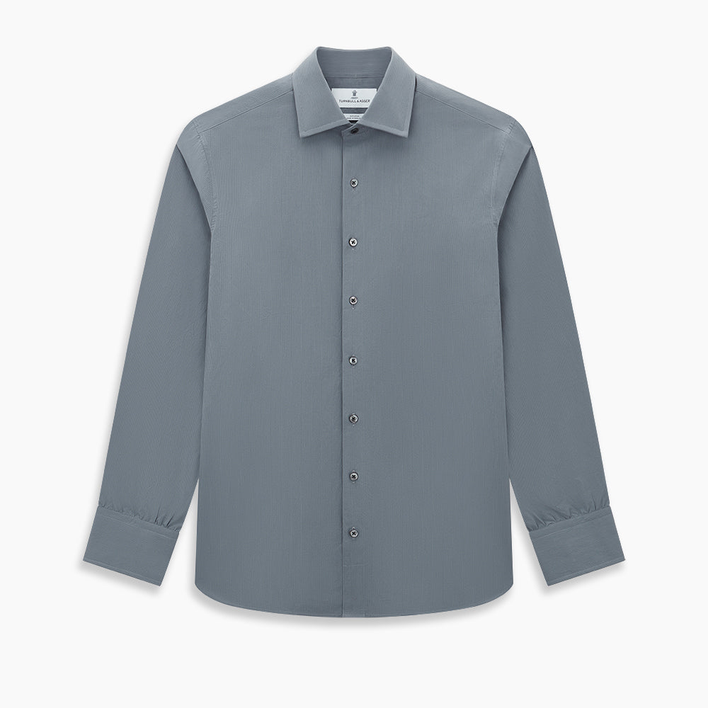 A long-sleeve, button-up men’s dress shirt by Turnbull & Asser UK, the SHIRTS NEW TF KENT CLR 3BC GRAY/NAVY STRIPE, featuring a pointed Kent collar and buttoned cuffs in a gray and navy stripe pattern, displayed against a plain white background.