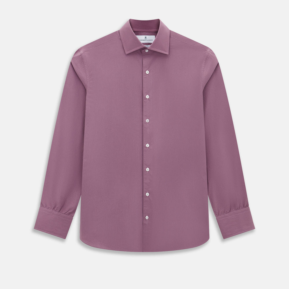 Displayed on a plain white background is the Turnbull & Asser UK Pinstriped Antique Pink Tailored Fit Shirt in Cotton, featuring long sleeves, a button-up front with crisp white buttons, and a classic kent collar in a refined mauve hue.