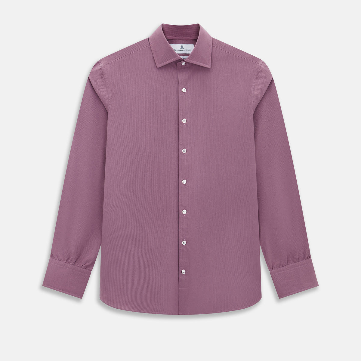 View 1 of product Displayed on a plain white background is the Turnbull & Asser UK Pinstriped Antique Pink Tailored Fit Shirt in Cotton, featuring long sleeves, a button-up front with crisp white buttons, and a classic kent collar in a refined mauve hue.