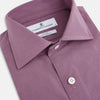 View 2 of product Displayed on a plain white background is the Turnbull & Asser UK Pinstriped Antique Pink Tailored Fit Shirt in Cotton, featuring long sleeves, a button-up front with crisp white buttons, and a classic kent collar in a refined mauve hue.