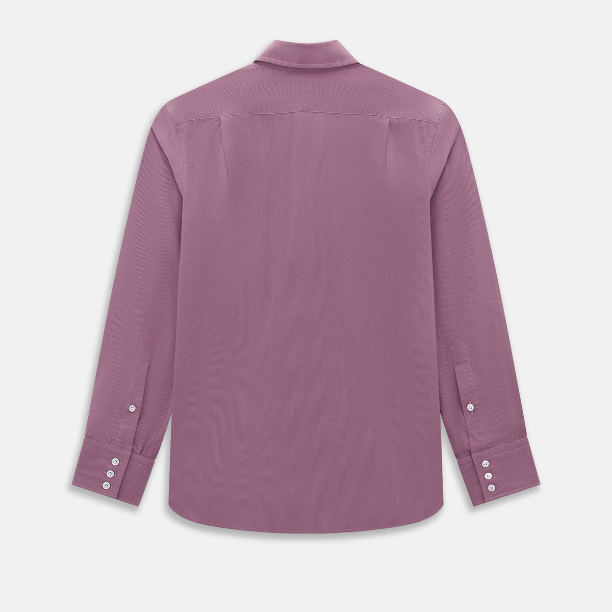 View 3 of product Displayed on a plain white background is the Turnbull & Asser UK Pinstriped Antique Pink Tailored Fit Shirt in Cotton, featuring long sleeves, a button-up front with crisp white buttons, and a classic kent collar in a refined mauve hue.
