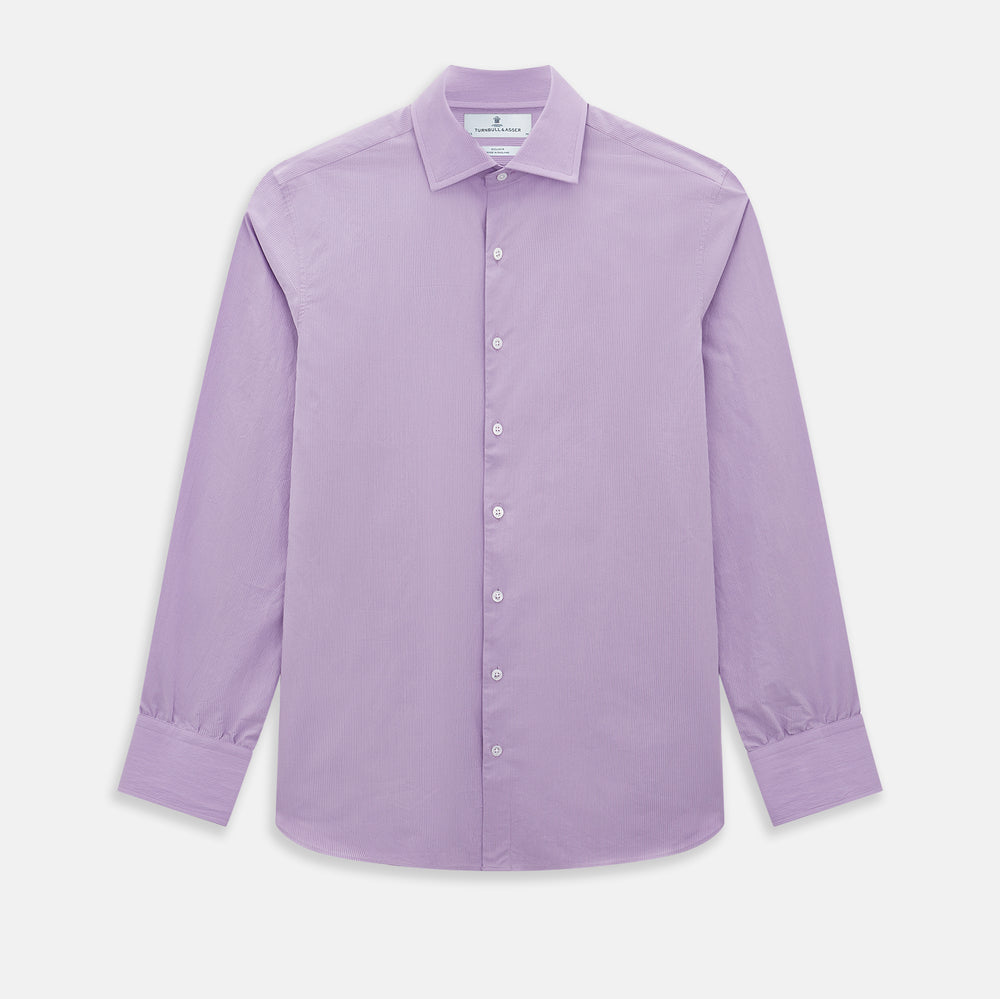 A long-sleeved, button-up Pinstriped Baby Pink Tailored Fit Shirt in Cotton with a kent collar from Turnbull & Asser UK, displayed on a white background.