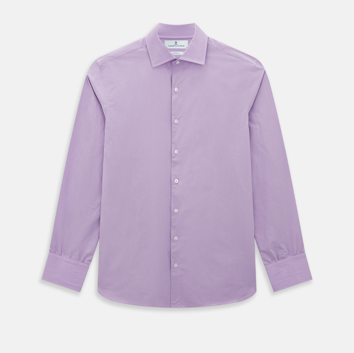 View 1 of product A long-sleeved, button-up Pinstriped Baby Pink Tailored Fit Shirt in Cotton with a kent collar from Turnbull & Asser UK, displayed on a white background.