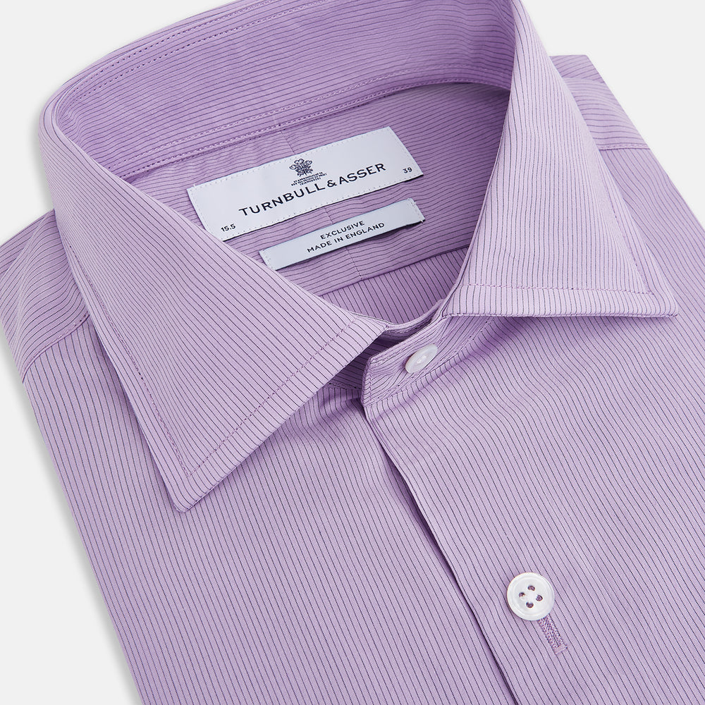 A long-sleeved, button-up Pinstriped Baby Pink Tailored Fit Shirt in Cotton with a kent collar from Turnbull & Asser UK, displayed on a white background.