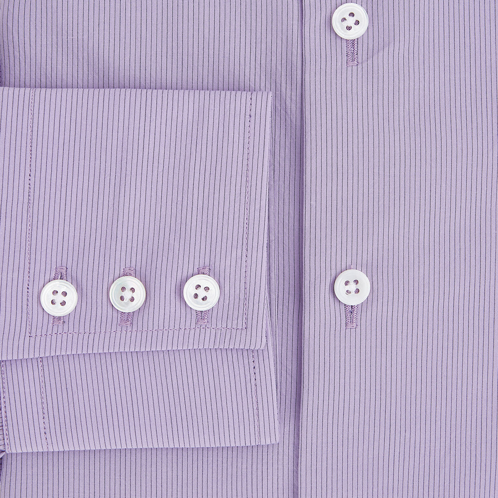 A long-sleeved, button-up Pinstriped Baby Pink Tailored Fit Shirt in Cotton with a kent collar from Turnbull & Asser UK, displayed on a white background.