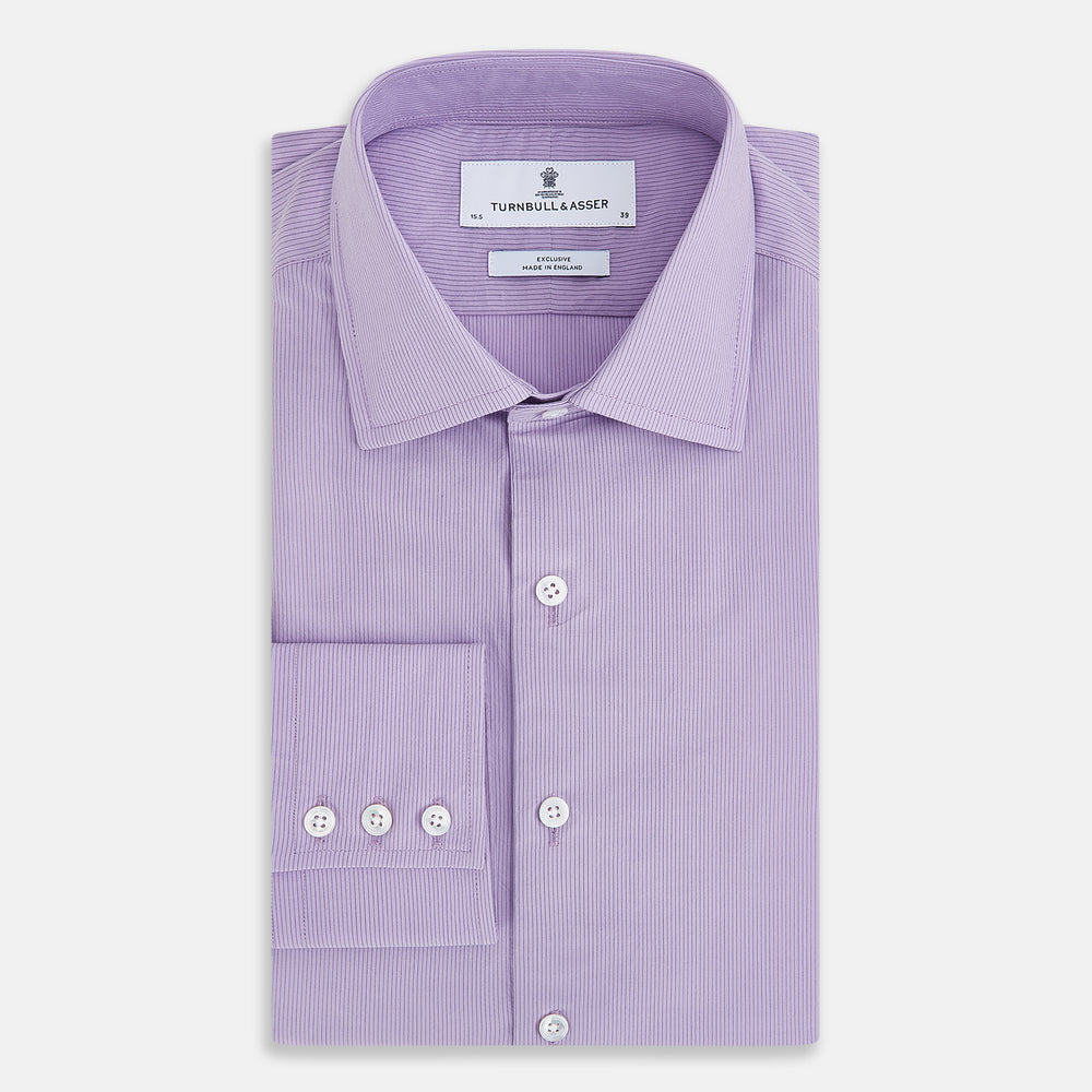 A long-sleeved, button-up Pinstriped Baby Pink Tailored Fit Shirt in Cotton with a kent collar from Turnbull & Asser UK, displayed on a white background.