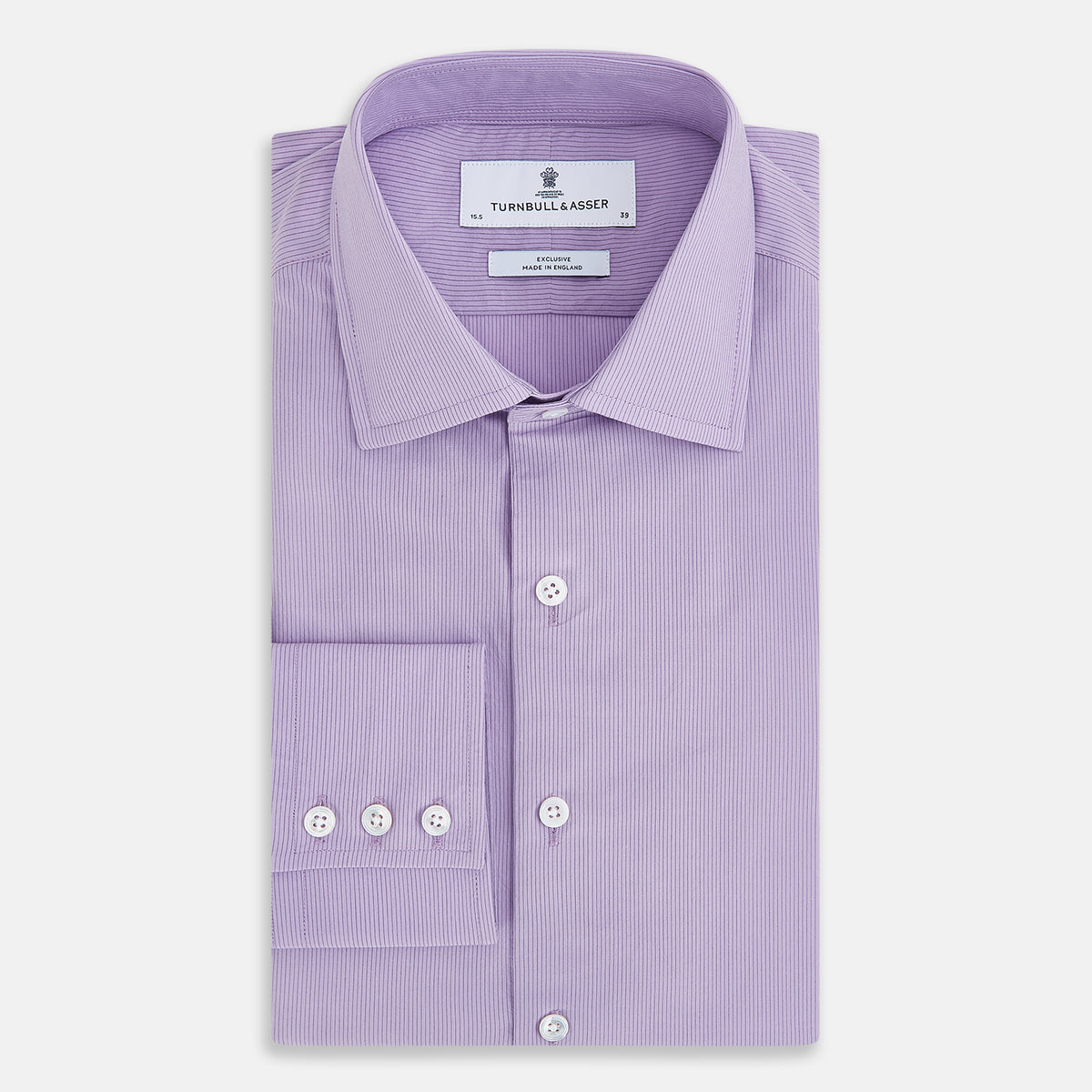 View 5 of product A long-sleeved, button-up Pinstriped Baby Pink Tailored Fit Shirt in Cotton with a kent collar from Turnbull & Asser UK, displayed on a white background.