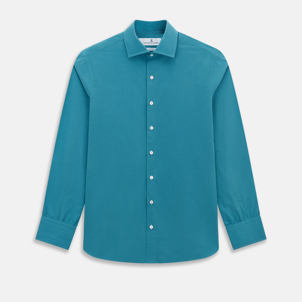 A Pinstriped Turquoise Tailored Fit Shirt in Cotton by Turnbull & Asser UK, styled as a classic long-sleeve button-up with a classic collar, white buttons, and buttoned cuffs—evoking the refined craftsmanship of traditional Turnbull & Asser shirts—displayed laid flat on a white background.