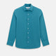 A Pinstriped Turquoise Tailored Fit Shirt in Cotton by Turnbull & Asser UK, styled as a classic long-sleeve button-up with a classic collar, white buttons, and buttoned cuffs—evoking the refined craftsmanship of traditional Turnbull & Asser shirts—displayed laid flat on a white background.