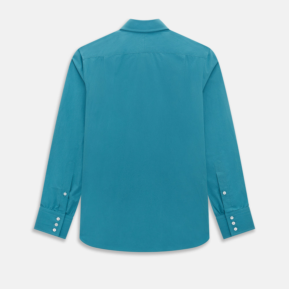A Pinstriped Turquoise Tailored Fit Shirt in Cotton by Turnbull & Asser UK, styled as a classic long-sleeve button-up with a classic collar, white buttons, and buttoned cuffs—evoking the refined craftsmanship of traditional Turnbull & Asser shirts—displayed laid flat on a white background.
