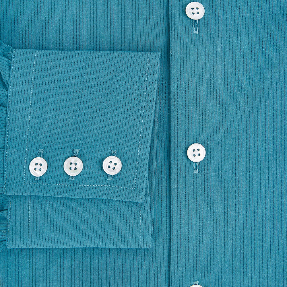 A Pinstriped Turquoise Tailored Fit Shirt in Cotton by Turnbull & Asser UK, styled as a classic long-sleeve button-up with a classic collar, white buttons, and buttoned cuffs—evoking the refined craftsmanship of traditional Turnbull & Asser shirts—displayed laid flat on a white background.
