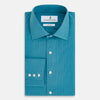 View 5 of product A Pinstriped Turquoise Tailored Fit Shirt in Cotton by Turnbull & Asser UK, styled as a classic long-sleeve button-up with a classic collar, white buttons, and buttoned cuffs—evoking the refined craftsmanship of traditional Turnbull & Asser shirts—displayed laid flat on a white background.