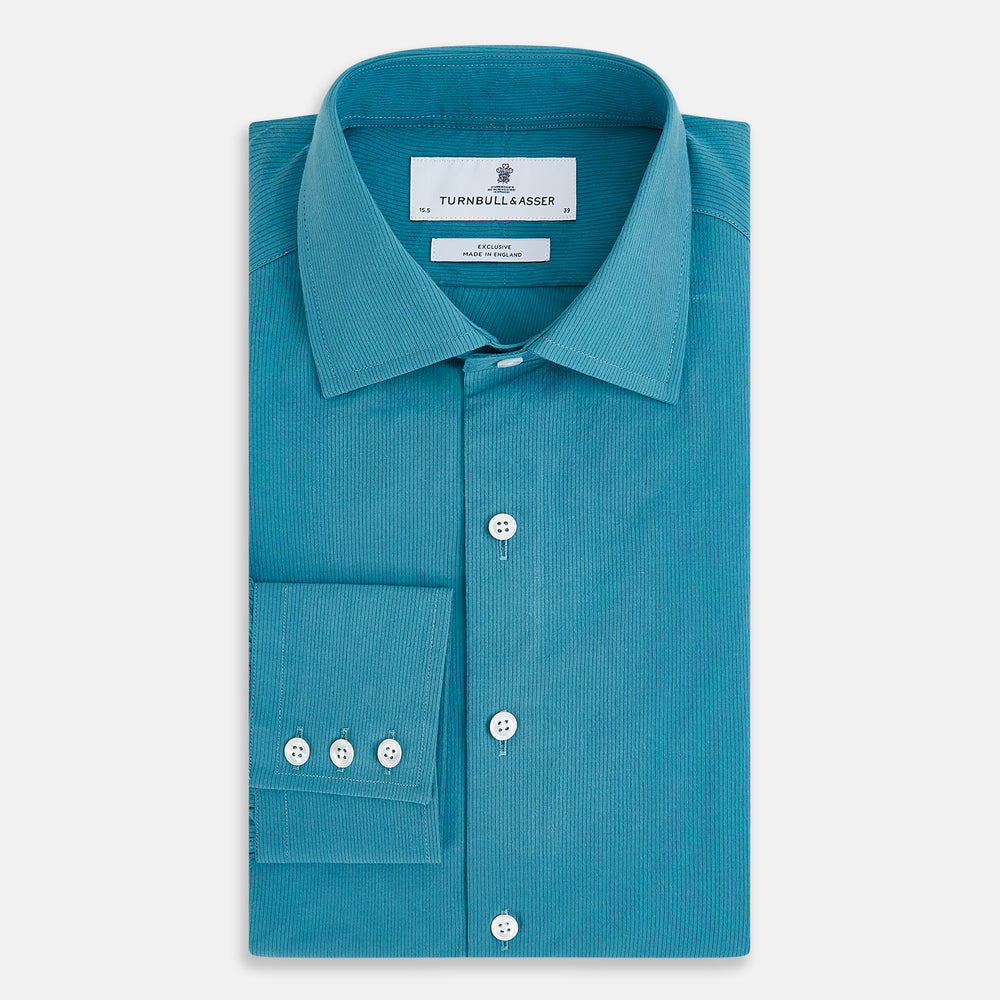 A Pinstriped Turquoise Tailored Fit Shirt in Cotton by Turnbull & Asser UK, styled as a classic long-sleeve button-up with a classic collar, white buttons, and buttoned cuffs—evoking the refined craftsmanship of traditional Turnbull & Asser shirts—displayed laid flat on a white background.
