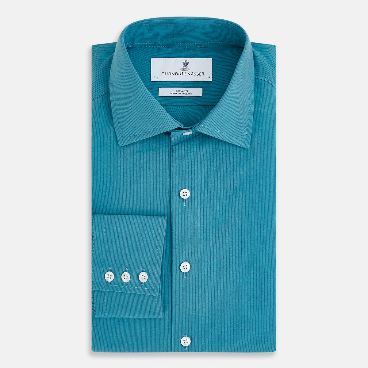 View 5 of product A Pinstriped Turquoise Tailored Fit Shirt in Cotton by Turnbull & Asser UK, styled as a classic long-sleeve button-up with a classic collar, white buttons, and buttoned cuffs—evoking the refined craftsmanship of traditional Turnbull & Asser shirts—displayed laid flat on a white background.
