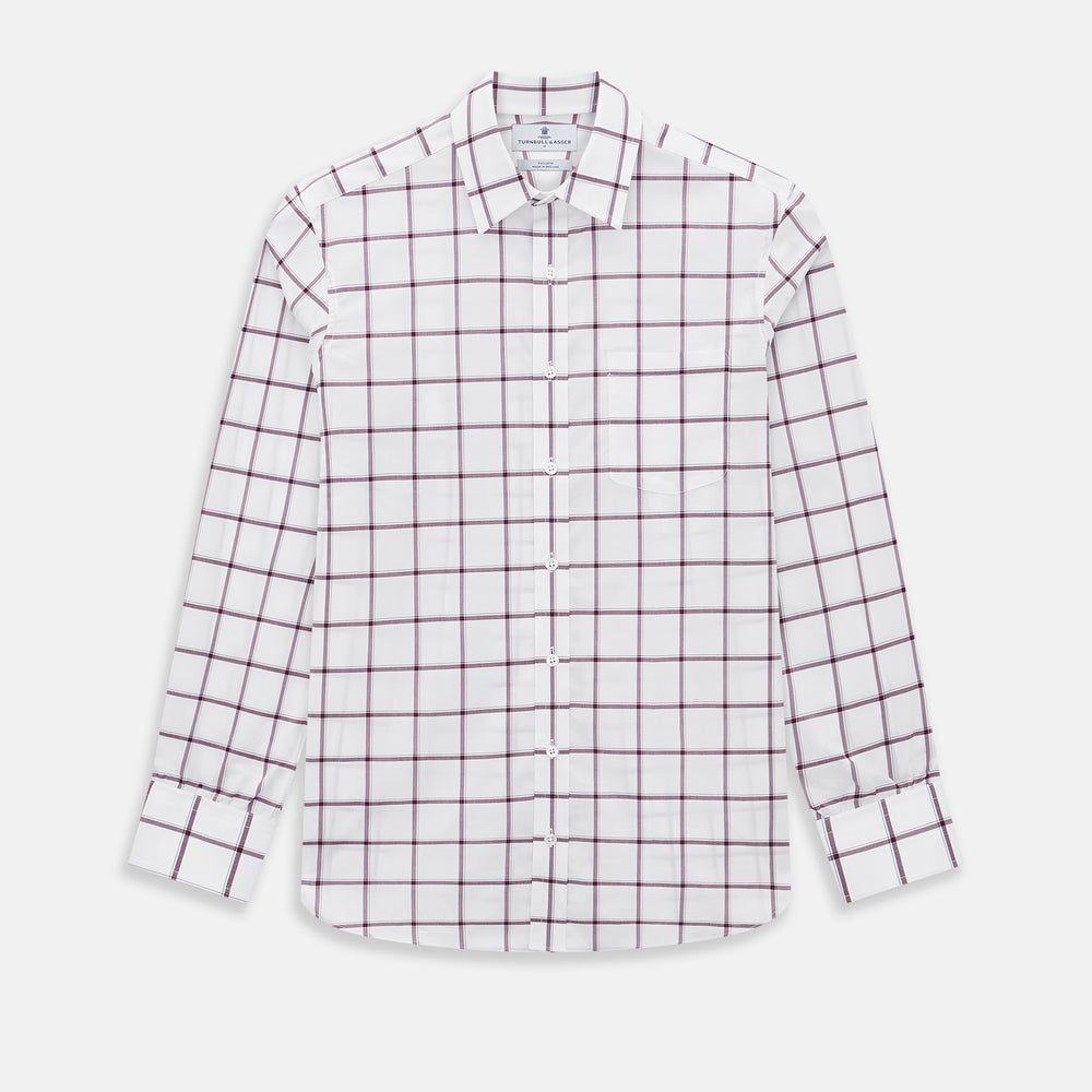 A Turnbull & Asser UK SHIRTS WF DERBY COLLAR 1BC 1PKT WHT/BURG MULTI CHK—a long-sleeve, button-up shirt in white with a burgundy multi-check pattern, featuring a classic derby collar and a single front pocket on the left side.